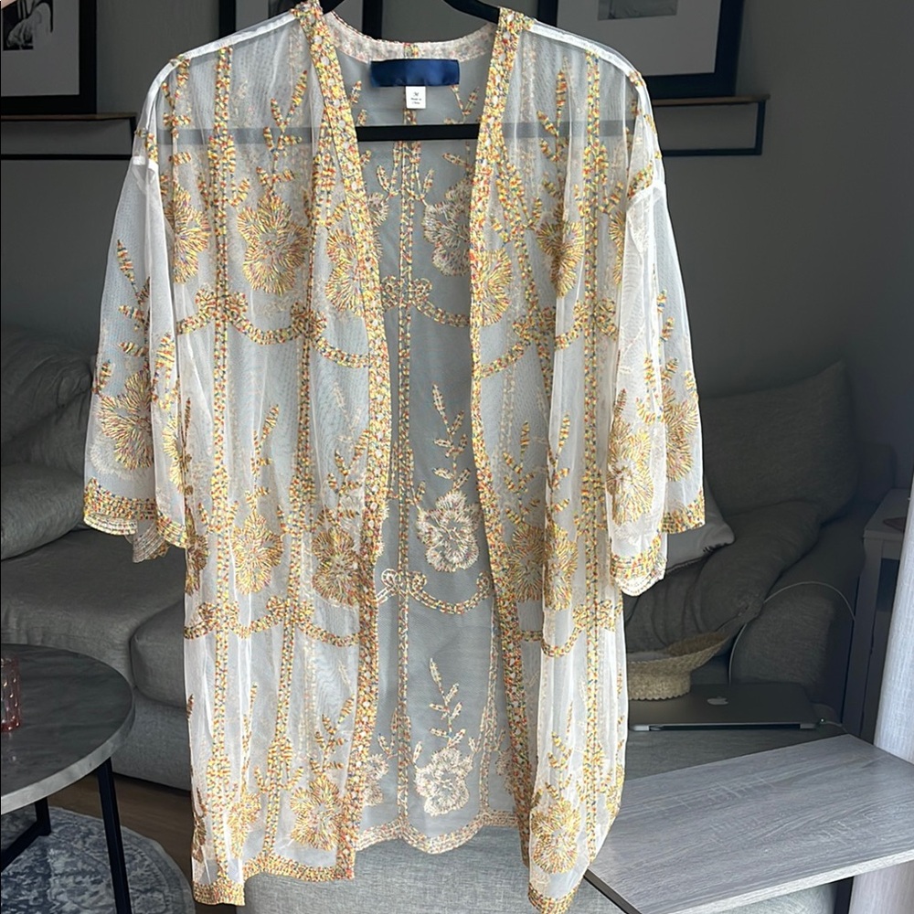 Sheer White and Gold Embroidered Kimono